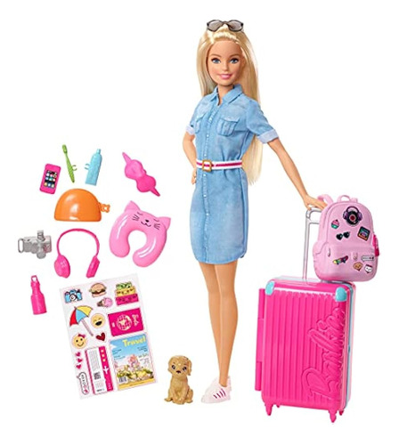 Muñeca Barbie Y Juego De Viaje Con Perrito, Equipaje Y Más D