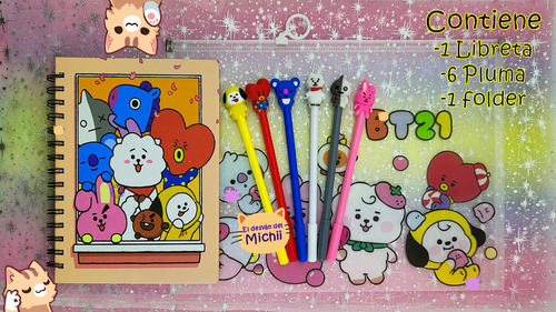 Kit Kawaii Bts Bt21 , 1 Libreta + 6 Plumas Gel + 1 Folder :)
