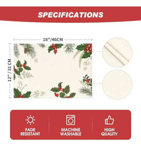 Set De 4 Individuales Navideños De Cono De Pino Holly En Mod