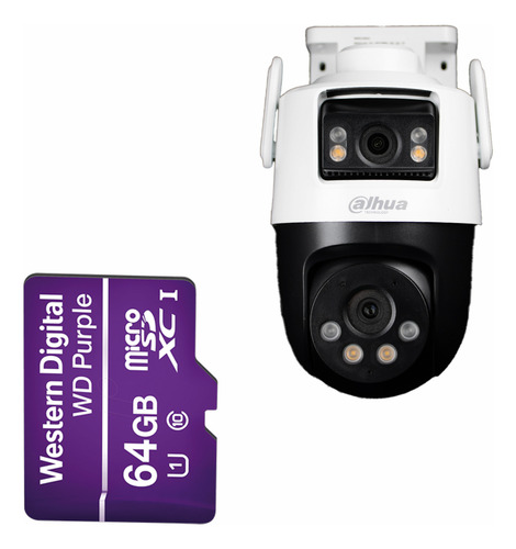 Kit Cronos Cámara De Seguridad Dahua Ip Pt Ipc-wpt1539dd-sw-5e2-pv Wifi Cruiser Dual 10mp Imagen A Color 24/7 Audio Doble Vía Alarma Auto Tracking + Microsd 64gb + Accesorios Cctv Wpt1539d-plus-64