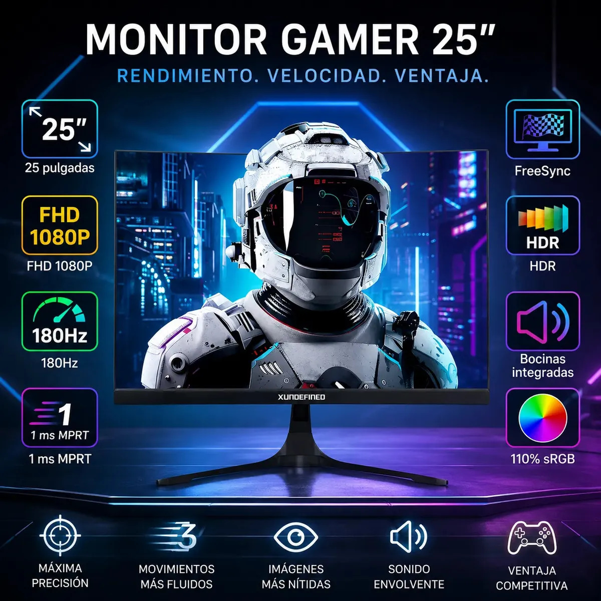 Monitor Gamer Xundefined 25'' Pulgadas FHD 1080P 180Hz 1ms FreeSync HDR Con Bocinas Para PC Laptop Xbox PS5