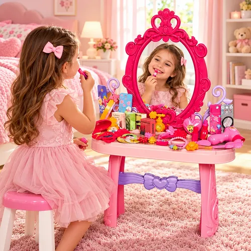Penteadeira Princesa Infantil Com 46 Peças Espelho Rosa Rosa