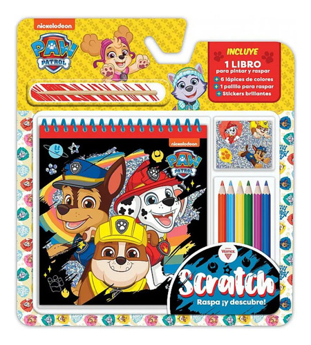 Libro Para Colorear Infantil Paw Patrol Scratch Raspa Y Descubre Con Lápices Palillo Para Raspar Stickers Brillantes