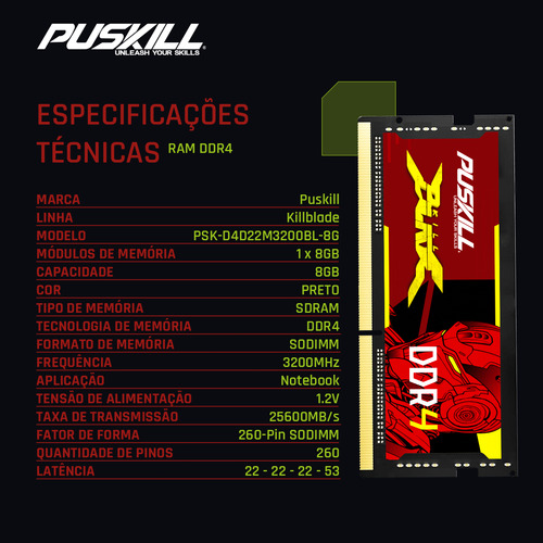 Memória Ram Notebook Gamer Puskill Killblade 8gb Ddr4 3200mh