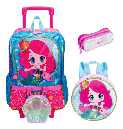 Kit Mochila Escolar Sereia Anime Infantil Rodinhas Tam G