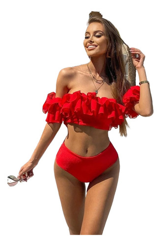 Bikinis De Doble Volante Para Mujer, Color Rojo, Cintura Alt