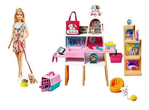 Muñeca Barbie Y Juego De Boutique Para Mascotas Con 4 Masco