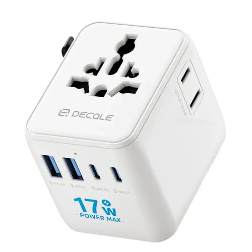 Adaptador de Tomada Universal Decqle para Viagem com 2 USB-C e 2 USB-A