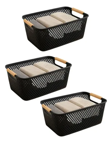 Kit 3 Cesto Organizador 27cm Multiuso Fruteira Alça Madeira
