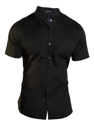 Camisa Negra Para Hombre Cuello Mao Stretch Manga Corta