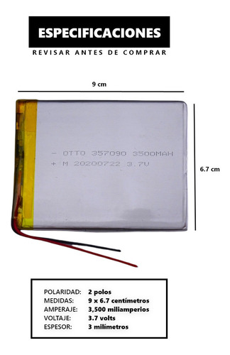 Pila De Tablet Tech Pad Mobo 7  De 3.7v 3500 Mah 2 Cables