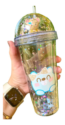 Tumbler Oso Kawaii Termo Vaso Popote Estrellas Transparente