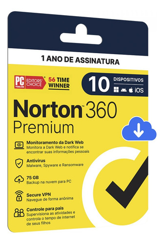 Antivírus Norton 360 Premium, 10 Dispositivos, 12 Meses