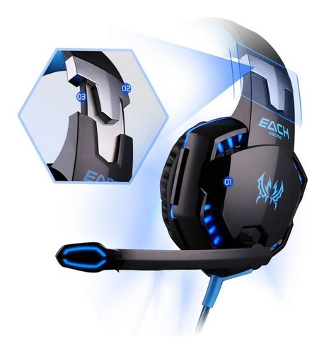 Auriculares gamer Kotion G2000 negro y azul con luz LED