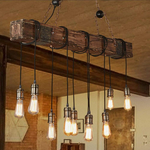 10 Luz Granja Lampara Madera Retro Rustica Colgante Mesa Bar