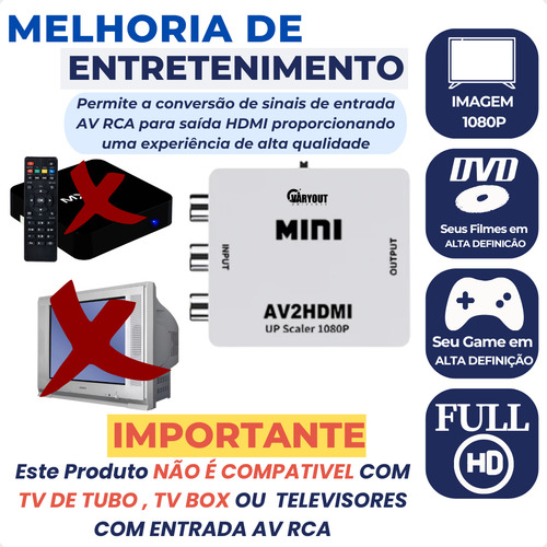 Conversor Entrada Av Rca Para Saída Hdmi Miniadaptador 1080p Compatível Com Tv Entrada Hdmi Transformador Hdmi Universe Varyout + Cabo Hdmi Brinde