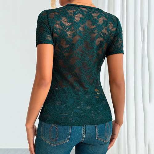 Top Casual De Manga Corta De Encaje Para Mujer Con Un Cuello