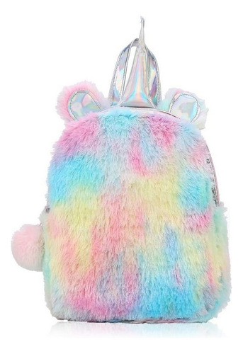 Mochila Peluche Unicorn Para Niña Celeste Diseño De La Tela Felpa