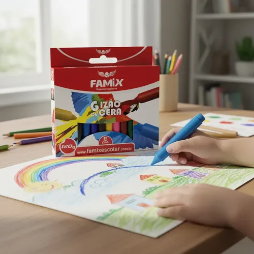 Giz de Cera Aquarelável Famix Gizão Cilíndrico 12 Cores Multicolor