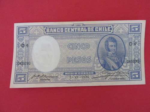 Billete Chile 5 Pesos Firmado Subercaseaux-meyerholz 1933
