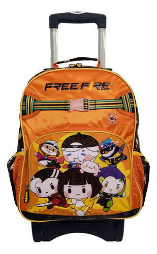 Mochila Free Fire Original Ruz Primaria Con Ruedas Naranja Liso