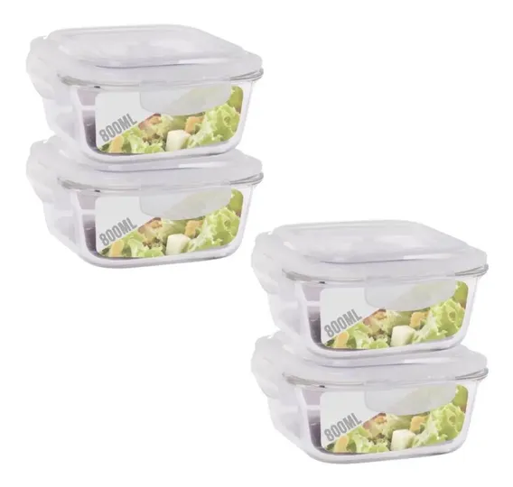Conjunto 4 Potes Vidro Herméticos 800ml Micro-ondas e Freezer Quadrado