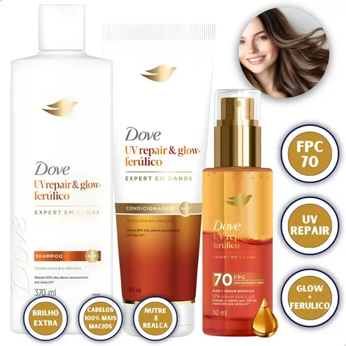 Kit Dove Glow Ferúlico Uv Repair Sérum Shampoo Condicionador