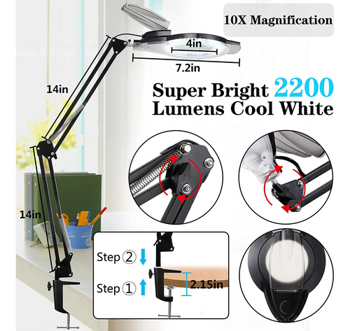Lámpara De Pie Led De Lupa Con Abrazadera 1200 Lúmenes