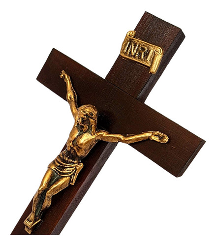 Cruz Madeira Crucifixo De Mesa Com Cristo Dourado 24,5cm