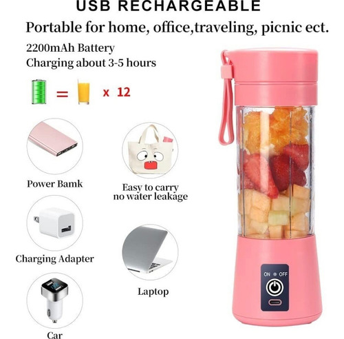 Mini Licuadora Portátil Recargable Usb Vaso Jugos Licuados Rosa