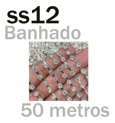 Corrente De Strass Cordão Ss12 Prata Crystal - 50 Metros