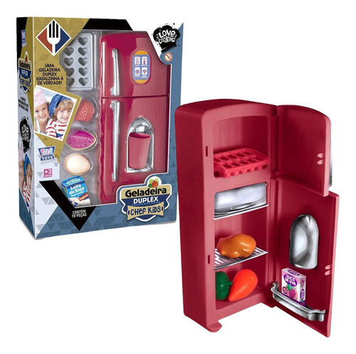 Refrigerador Geladeira Infantil Duplex Chef Kids Acessórios Cor Vermelho