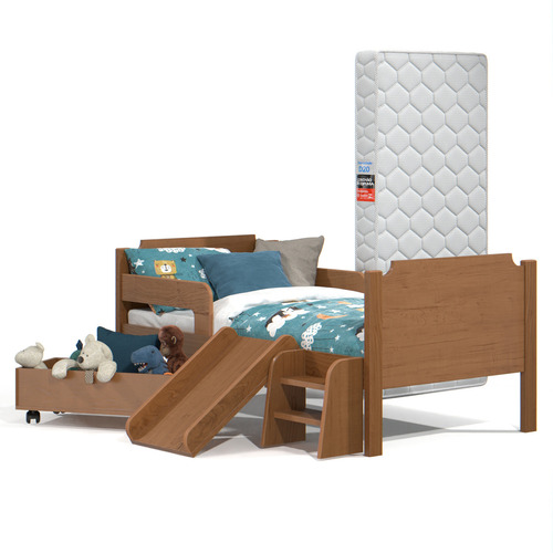 Mini Cama Montessoriana Bella Com Colchão E Baú Organizador Para Quarto Infantil Cor Freijó