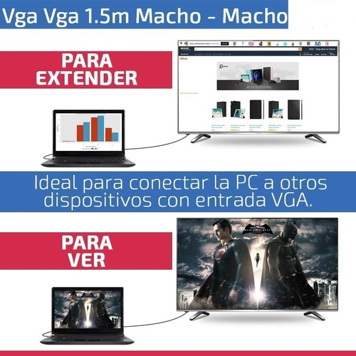Imagen 5 de 6 de Cable Vga Macho De 1.5 Metros Notebook Pc Proyector Tv Led