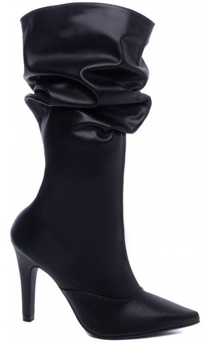 Imagem 2 de 3 de Bota Feminina Cano Longo Sanfonado Salto Alto Cor Preto/2022