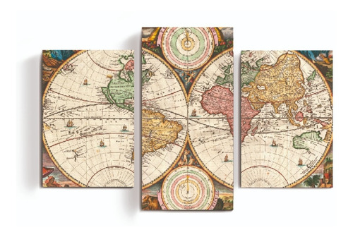 Cuadro Triptico Grande Mapamundi Mapas Planisferio Abstracto