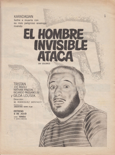 1967 Cine Martin Karadagian Publicidad Film Hombre Invisible