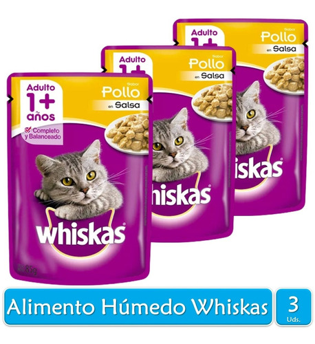 Whiskas Alimento Húmedo Para Gato Adulto Pollo 85g X3 Sobres