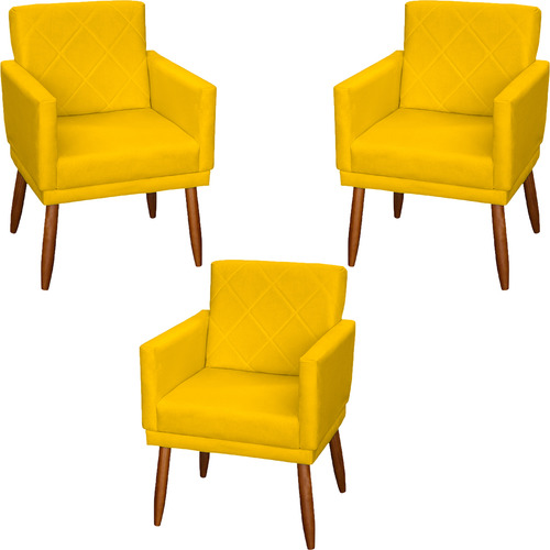 Kit 3 Poltronas Decorativas Para Recepção Consultório Cores Cor Amarelo Desenho Do Tecido Suede Liso