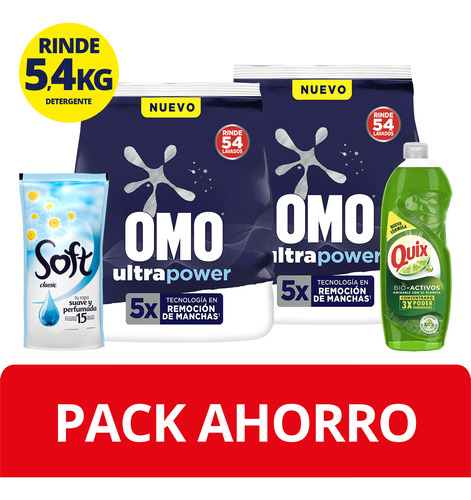 Pack Omo Polvo 2,7kg X2 + Quix 500ml + Soft 450ml