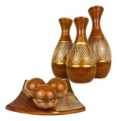 Conjunto Enfeite Sala Ceramica Centro Mesa Decorativo Cores Cor Boliche Marrom Dourado