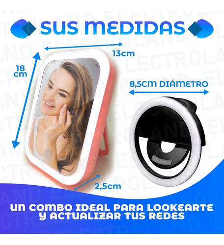 Imagen 7 de 10 de Combo Aro Sefie Para Celular + Espejo Táctil Luz Led Usb