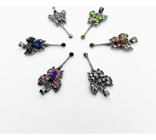 6 Dijes Fantasia Negro Con Strass Colores Mariposas 