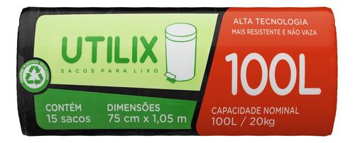 Saco Para Lixo Em Rolo Com 15 Unidades de 100 Litros Preto Utilix