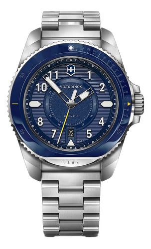 Reloj pulsera Victorinox 242010.0, analógico, para hombre, fondo azul, con correa de acero inoxidable color plateado, bisel color plateado y desplegable