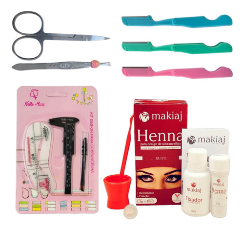 Kit Henna Sobrancelha Makiaj Com Pincel Duplo Navalhas Pinça Cor Ruivo