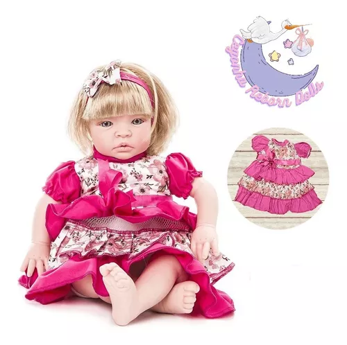 Boneca Bebê Reborn Corpo de Silicone - Baby Menina Vestido Florido