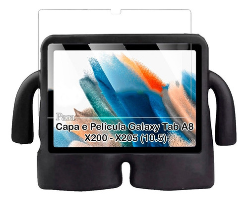 Capa Infantil Tablet P/ Galaxy Tab A8 X200 X205 Com Película Cor Preto