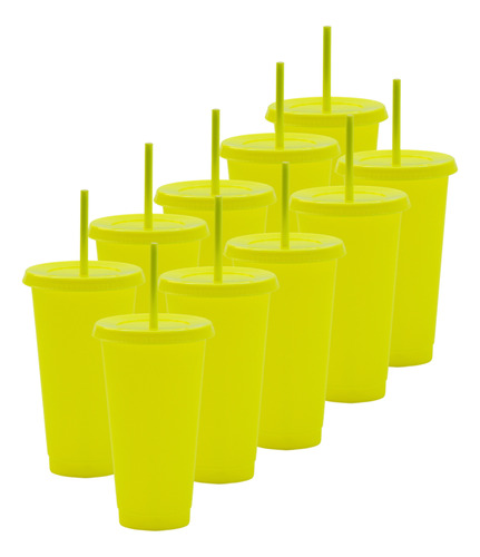 70 Vasos Uupz Sun 709 Ml Con Tapa Y Popote De Plastico Amarillo Neón