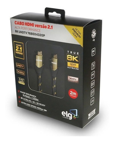 Imagem 1 de 4 de Cabo Hdmi 2.1 8k Ultra High Speed Ethernet 2 Mts Hs8k20 ELG